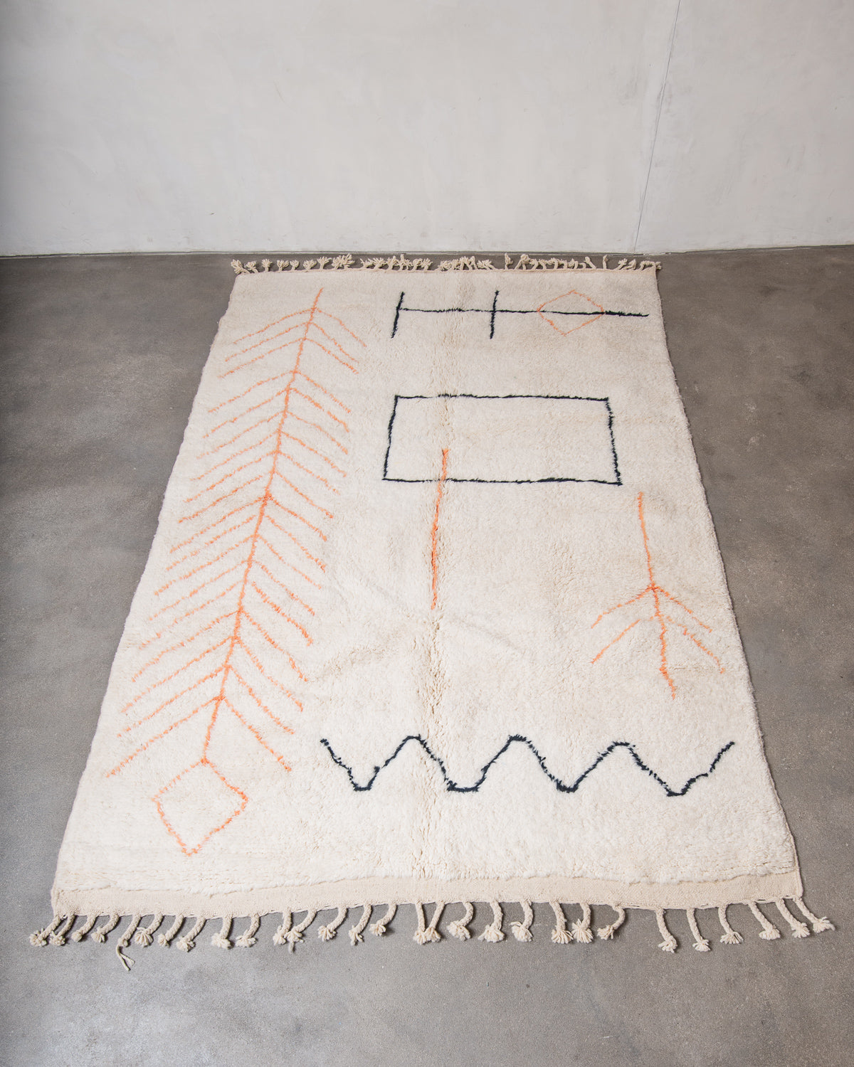 Modern, designer, handcrafted Berber rug from Morocco. Beniourain carpet with beautiful colours and patterns and fluffy wool texture.